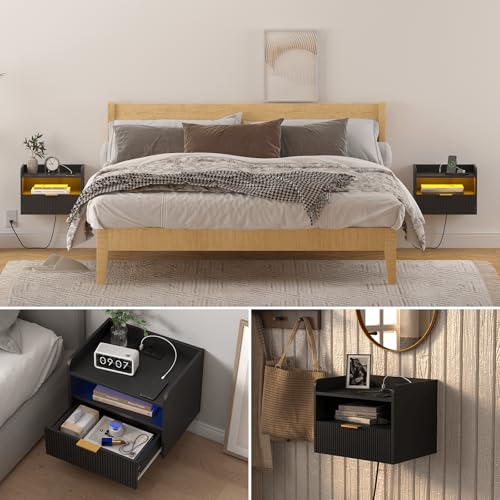 Veegle White Floating Nightstand with Charging Station and LED Lights (Black) Veegle