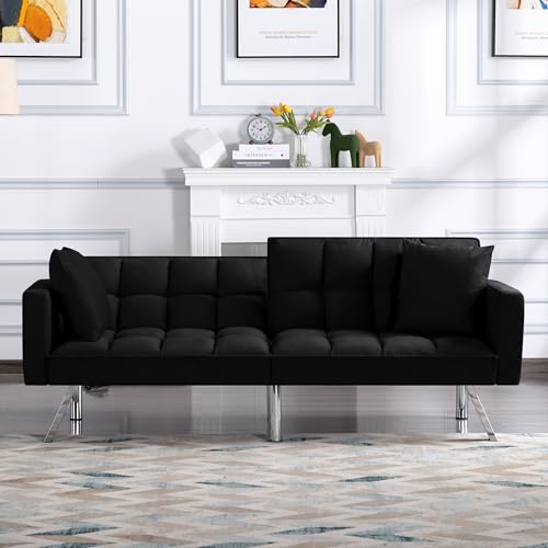 74" Futon Sofa Bed,Convertible Sleeper Couch with Adjustable Backrest and Pillows, Comfy Velvet Cloud Sofa Loveseat,Modern Loveseat for Living Room and Bedroom(Black) Jum Blueemo