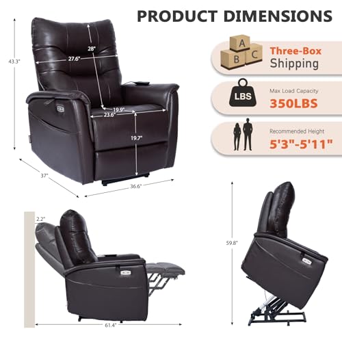 EONIX Wall Hugger Power Lift Recliner Chair for Elderly, Dual Motor Zero Clearance Power Lift Chair for Small Spaces, Electric Lumbar Support with Heat & Massage, Breathable Leather, Dark Brown