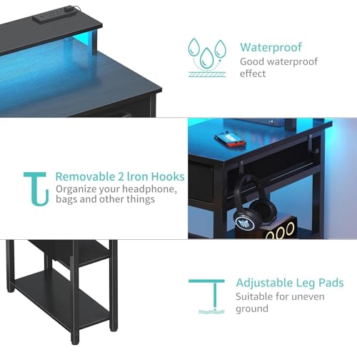 Lufeiya Gaming Desk with Led Lights and Power Outlets, 47 Inch Home Office Desk with Monitor Stand & Shelves, Writing Study Computer Desks with Fabric Drawers for Bedroom, Black Lufeiya