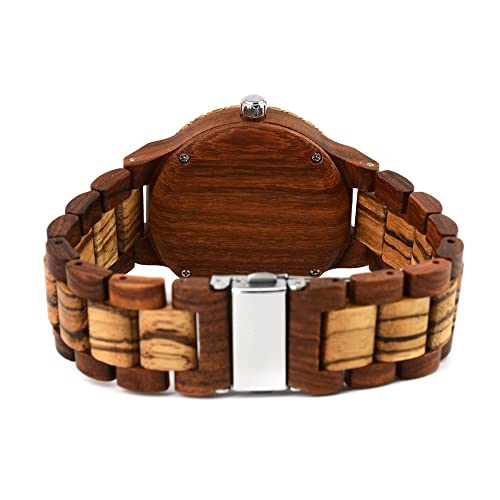 MII YEW Men's Wooden Watch Lightweight Analog Quartz Handmade Wood Watches Red Dial with Date MII YEW