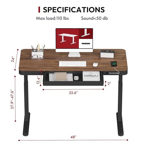 SANODESK Standing Desk with Drawer, Electric Height Adjustable Home Office Desk with Storage & USB Ports, 48 inch Black Walnut Wood Tabletop/Black Frame SANODESK