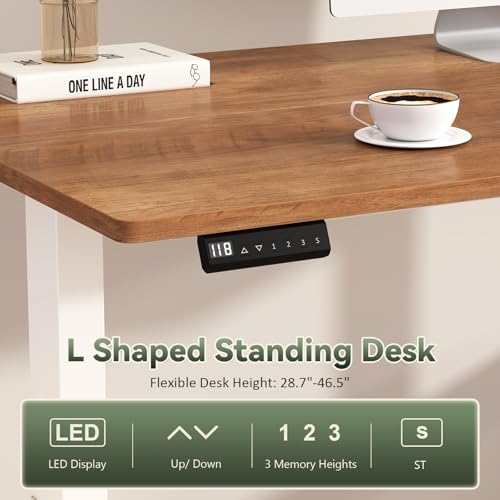 YOMILUVE Farmhouse L Shaped Standing Desk, 66 inch Corner Electric Standing Desk with Drawers & Storage Shelves, Height Adjustable Computer Desk with Power Outlets for Home Office, Antique White YOMILUVE