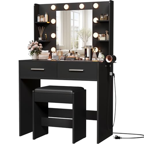 Furmax Make up Vanity Desk with Mirror and Power Outlet, Vanity with 3 Color Light Options Adjustable Brightness,Vanity Desk with 2 Drawers, 6 Storage Shelves (Black, with Bench) Furmax