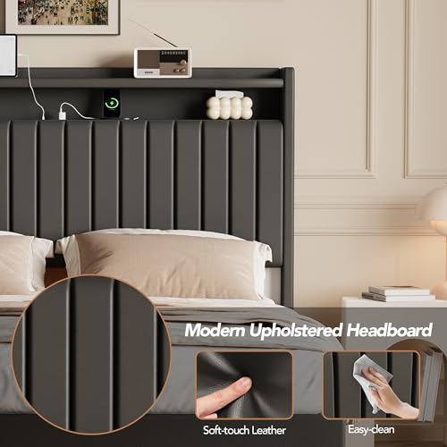 GarveeHome Full Size Floating Bed Frame with RGB LED Lights & Charging Station, Upholstered Platform Bed Frame with Storage Headboard, 50" Tall Headboard Leather Full Bed No Box Spring Needed, Black GarveeHome