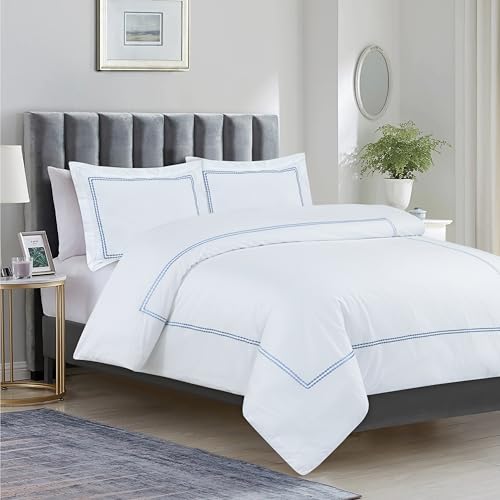 Dreamology White Duvet Cover Luxury Hotel Quality Bedding Set 100% Cotton Embroidered Duvet Covers with 2 Pillow Shams Hypoallergenic Zipper Closure 3 Pieces Duvet Set (Sky Blue, King) Dreamology