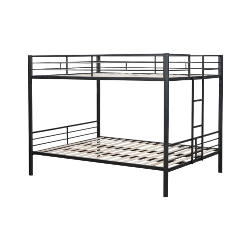 PVWIIK Queen Over Queen Metal Bunk Bed with Built-in Stairs & Convertible 2 Beds,Heavy Duty Bunk Bed w/Ladder & Safety Guardrail,Space Saving Design, No Box Spring Needed, Black PVWIIK