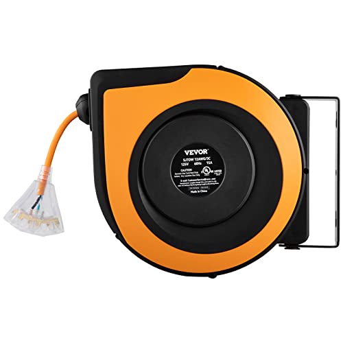 VEVOR Retractable Extension Cord Reel, 65 FT Heavy Duty 12AWG/3C SJTOW Power Cord, with Lighted Triple Tap Outlet, 15 Amp Circuit Breaker, 180° Swivel Bracket for Ceiling or Wall Mount VEVOR