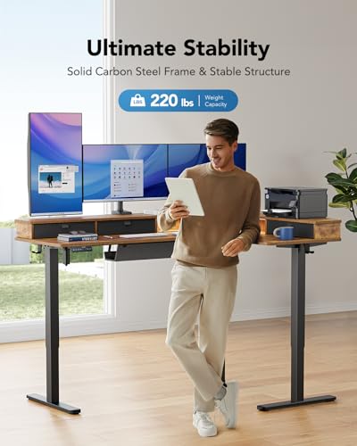 HUANUO 65″ L-Shaped Standing Desk with Power Outlets & LED Strip, Support C-Clamp Mount, Electric Height Adjustable Corner Computer Desk with 3 Drawers, Sit Stand Up Desk with Large Power Strip Holder HUANUO