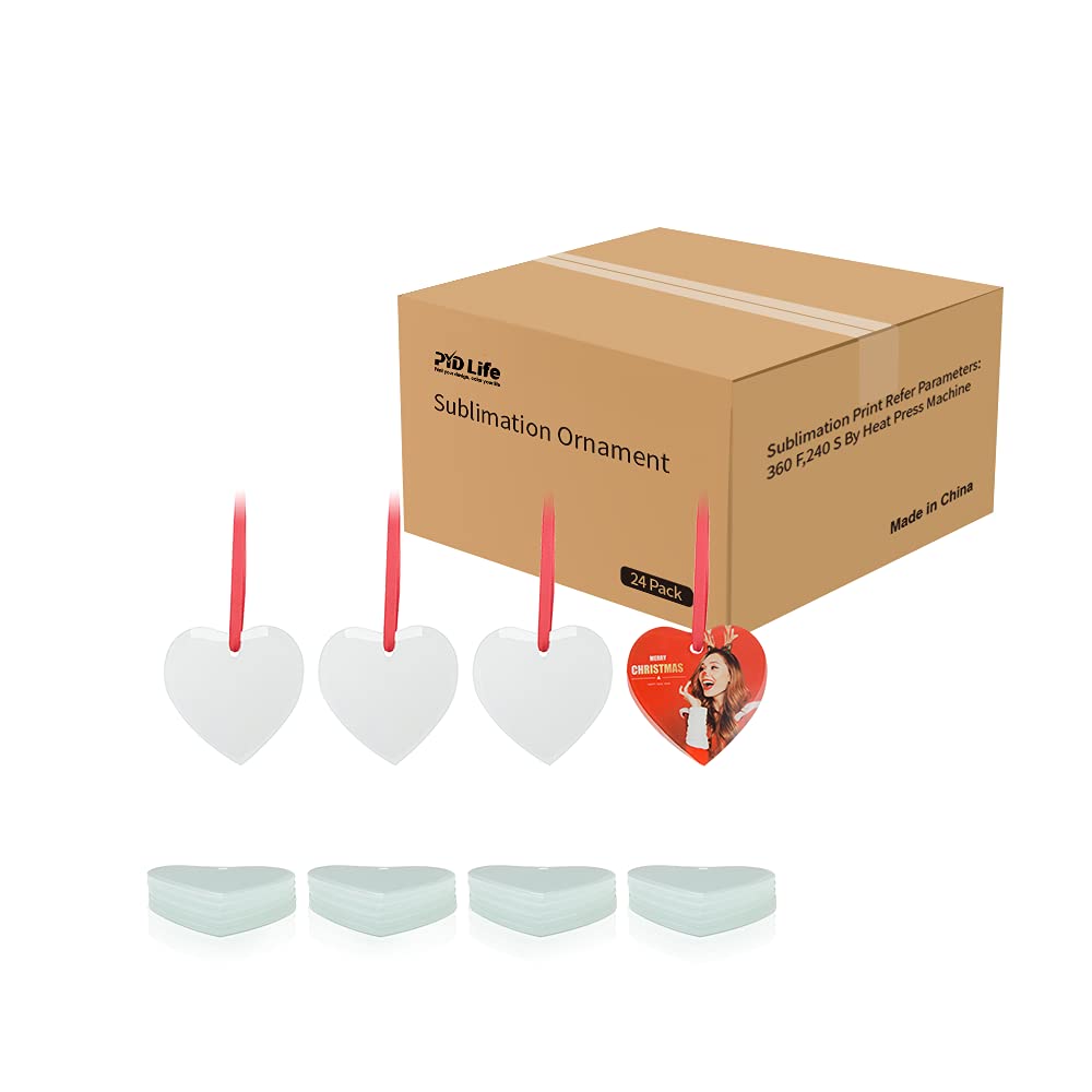 PYD Life 24 PCS Sublimation Ornament Blanks Glass 3 Inch Heart Shaped Ornament with Red Ribbon for DIY Crafting Personalized Home Christmas Decor Bulk PYD Life