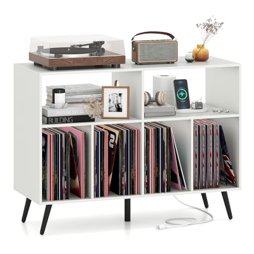 Giantex Large Record Player Stand with Charging Station, Turntable Stand Holds Up to 300 Albums, Record Player Table with Raised Leg, Vinyl Record Storage for Living Room (White) Giantex