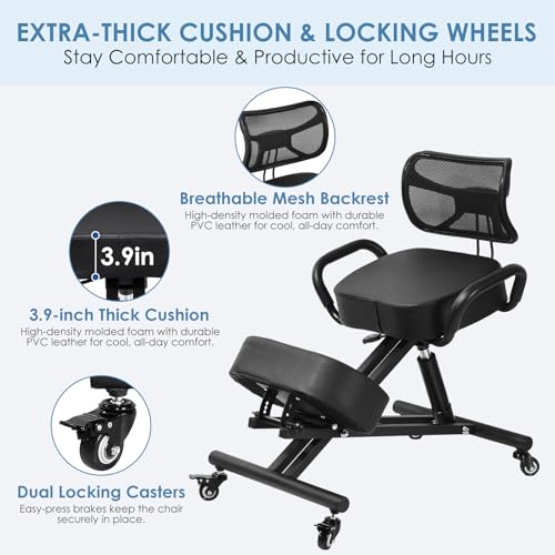 Ergonomic Kneeling Chair with Backrest & Lumbar Support, Adjustable Height Desk Chair with Wheels & Thick Cushion, Ideal for Office & Work from Home, Support Upright Sitting & Relieve Back Pain Generic