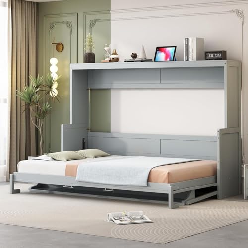 Queen Horizontal Murphy Bed with Desk,Solid Wood Folding Hideaway Murphy Wall Bed for Adult,Guest Room (Grey,Queen) MERITLINE
