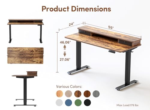 BANTI 55x24 Inch Electric Standing Desk with Dual Drawers, Height Adjustable Stand Up Table, Sit Stand Home Office Desk with Storage Shelf, Black Frame/Rustic Brown Top BANTI