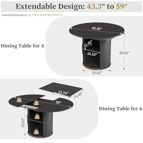 weselon 43"-59" Extendable Round to Oval Dining Table with Hidden Storage, Modern Wooden Kitchen Table with Fluted Sliding Door Cabinet, Expandable Dinner Table for Dining Room Living Room (Black) weselon