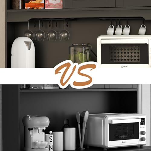 Kitchen Pantry Storage Cabinet,Freestanding Buffet Cabinet with Wine Glass Holder,Food Pantry Cabinet with Doors and Shelves,Tall Kitchen Hutch Cabinet with Microwave Stand for Kitchen (Black) Gyfimoie