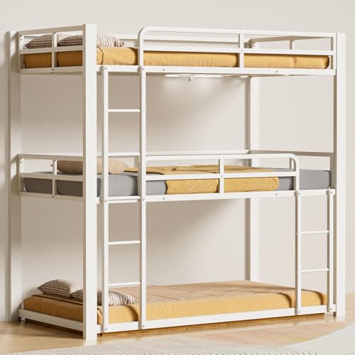 Mixcous Metal Triple Bunk Bed, Twin Over Twin Over Twin Heavy Duty Bunkbeds, Full-Length Guardrail Family-Friendly for All Ages, Bedroom, No Box Spring Needed, Easy Assembly, White Mixcous