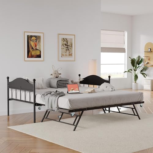 Daybed with Trundle, Metal Twin Size Day Bed with Stylish Headboard, Sofa BedFrame with Pop Up Foldable Trundle Bed, Heavy Duty Steel Slats Platform for Living Room, Bedroom and Guest Room, Black IDEALHOUSE