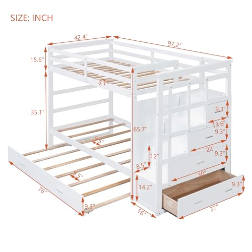 P PURLOVE Twin Over Twin Bunk Bed with Stairs and Trundle, Solid Wood Bunk Beds with Stairway Storage for Teens,Kids,White P PURLOVE