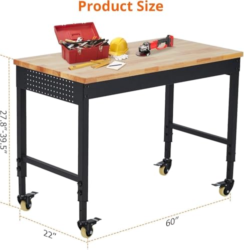 60" Adjustable Workbench with Power Outlet, Heavy Duty 2000 LBS Load Solid Hardwood Garage Work Table for Workshop, Office, Garage, Home with Wheels EcoSummer