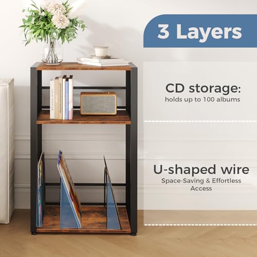 DUMOS 3 Tier Side Table, 2 Pack Record Player Stand with Storage Up to 100 Albums,Turntable Stand for Vinyl,Brown Records Shelf for Living Room Bedroom Brown DUMOS
