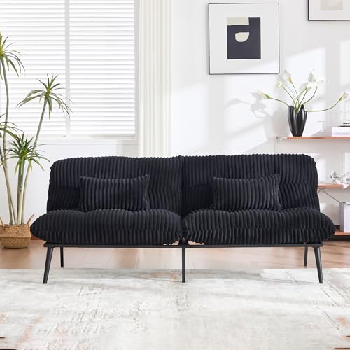 Tocsuna Corduroy Convertible Futon Sofa Bed – Folding Iron Frame Sleeper Couch with Adjustable Backrest, Loveseat Recliner for Living Room, Apartment,(Black) Tocsuna