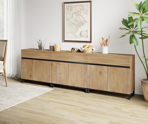 WAMPAT 3 in 1 Multifunctional Sideboard Buffet Cabinets, Modern Sideboard with Adjustable Shelf and Metal Base, Coffee Bar Cabinet Storage Cabinet for Living Room, Kitchen,Oak WAMPAT