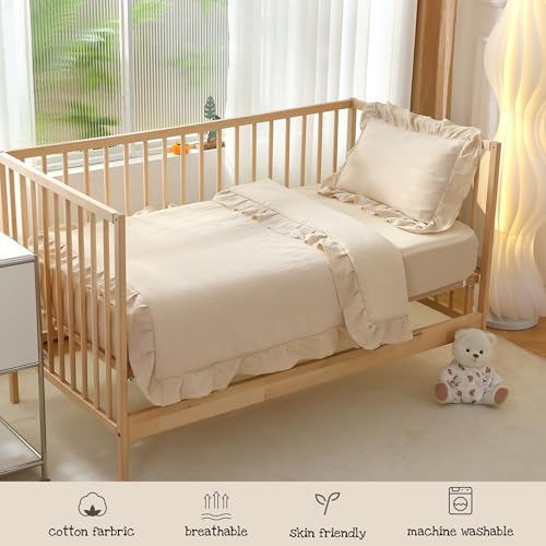 CLoucl Muslin Cotton 3-Piece Crib Bedding Set for Girls Boys,Ultra Breathable Soft Crib Comforter Set with Cute Ruffled Down Alternative Crib Comforter, Fitted Sheet, Pillowcase, All Season (Beige) CLoucl