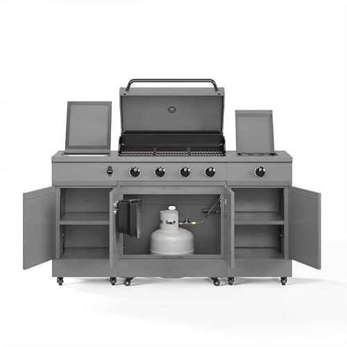 Tytus Fresno 60,000 BTU 5 Burner Propane or Natural Gas Island Grill & Storage Cabinets, 864 sq. in. cooking area, 4 Burner 48,000 BTU Grill, 12,000 BTU Side Burner, 304 Steel Burners, Ice Bucket TYTUS
