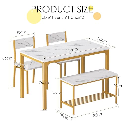 soges 4 Person Dining Table Set,43.3 inch Kitchen Table Set for 4,2 Chairs with Backrest,2-Person Bench with Storage Rack,Nesting Furniture Set for Dining Room and Restaurant, White Gold soges
