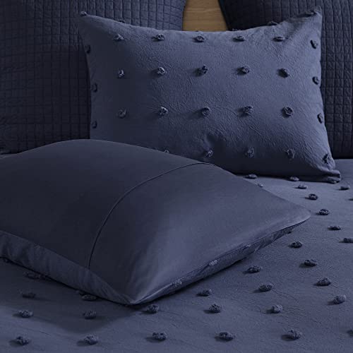 Intelligent Design Duvet Set 100% Cotton Jacquard, Tufts Accent, Shabby Chic All Season Cover for Comforter, Matching Shams, Decorative Pillows, Full/Queen (88 in x 92 in), Navy 7 Piece Intelligent Design