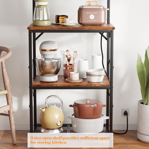 Furologee Rustic Brown Kitchen Bakers Rack with Power Outlet and 4 Tiers of Storage Furologee