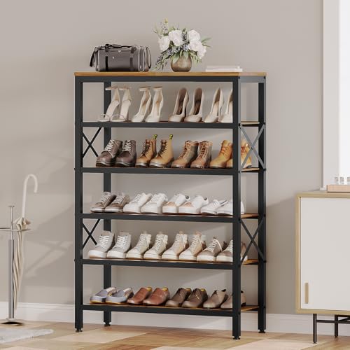 YATINEY 6-Tier Tall Shoe Rack Organizer, Wooden Shoe Storage for Closet Holds 24 Pairs, Sturdy Shoe Shelf with X-Shaped Metal Support, for Entryway, Bedroom, Rustic Brown and Black SS206BR YATINEY