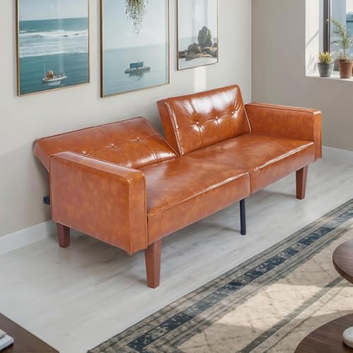 Trygoal Adjustable Backrest Convertable Sofa, Modern PU Leather 2-Seat Futon Sofa, Convertible Faux Leather Sleeper Couch with Armrests, Couch for Living Room Home Office Spaces Trygoal