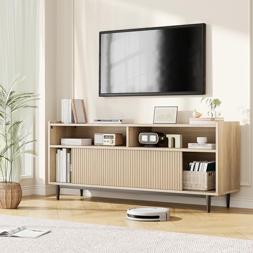 GAOMON Fluted TV Stand for 70 inch, Modern Entertainment Center with Storage and Sliding Doors, Wood Media Console Cabinet Furniture TV Console Table for Living Room Bedroom, Natural Oak GAOMON