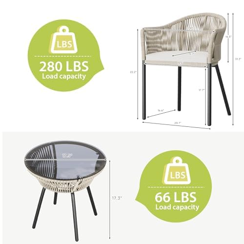 Flamaker 3 Piece Patio Set Outdoor Wicker Patio Chairs with Coffee Table & Cushions Bistro Conversation Set Porch Furniture for Patio, Balcony, Deck, Backyard Flamaker