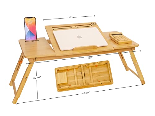Laptop Desk for Bed, COIWAI Bamboo Lap Desk with Tablet Slot Adjustable Height Angle Foldable Storage Drawer Portable Tray Table Stand for Netebook Computer Breakfast Work Study Reading Writing Large COIWAI