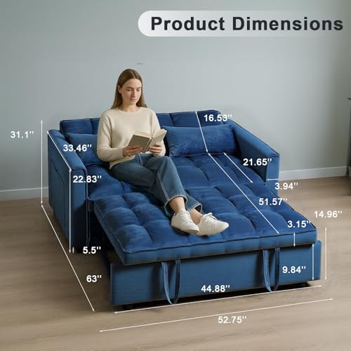 Osparple Pull-Out Convertible Loveseat Sleeper – 3 in 1 Blue Velvet Futon Sofa Bed, Love Seat Couches for Living Room Apartment, 2-Seater Sofa Bed for Small Spaces with Side Pockets & Modern Style Osparple