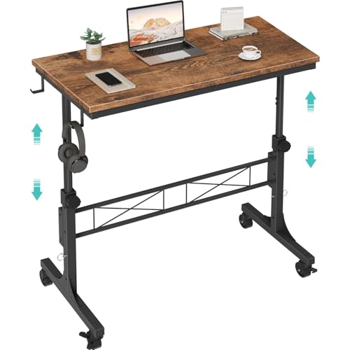 Small Portable Rolling Standing Desk - 32 Inch Adjustable Height Mobile Stand Up Desks with Wheels for Treadmill Walking Pad, Teacher Podium for Classroom, Couch Sofa Side Laptop Table, Rustic Brown WINAZ