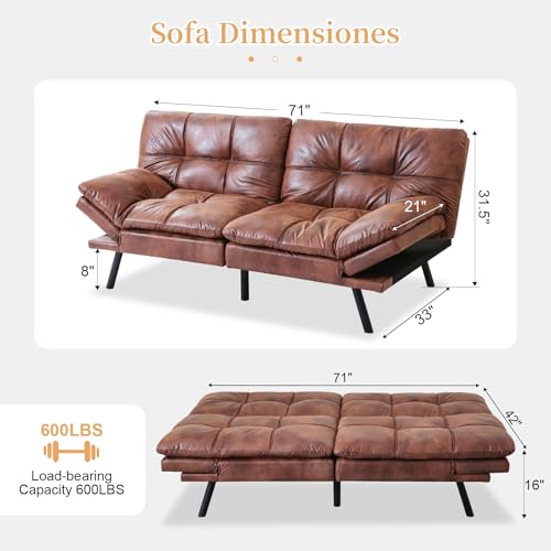 Opoiar, Modern Sleeper Sofa,Convertible Couch Bed,Memory Foam, Adjustable Armrest&Backrest,Faux Leather Futon Sets for Compact Living Spaces,Office Sofabed, Brown-002, SF-PU-002 Opoiar