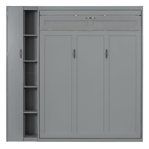 Harper & Bright Designs Queen Size Murphy Bed Wall Bed with Storage Shelves, Wardrobe and LED Lights, Space-Saving for Multipurpose Guest Room or Home Office, Gray Harper & Bright Designs