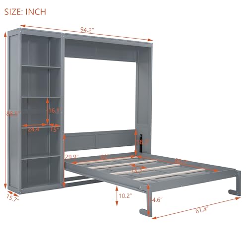 Ball & Cast Murphy Bed Queen Size with Five-Layer Cabinet,Solid Wood Storage Hidden Wall Bedframe,W/Folding Designed,Space-Saving,for Home Office,Study,Guest Room,Gray Ball & Cast