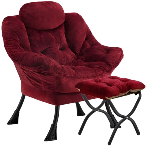 Congermom Lazy Chair with Folding Ottoman,Leisure Sofa Chair,Soft Fabric Armchair with Armrests and Side Pockets, Reading Chair with Footrest for Living Room, Bedroom, Office (Plush Red)