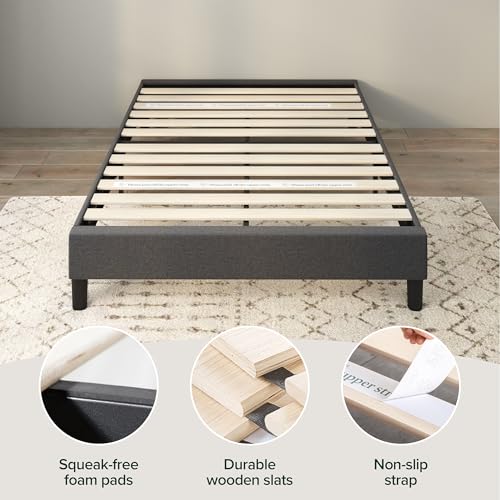 Zinus Curtis Upholstered Platform Bed Frame, Mattress Foundation, Wood Slat Support, No Box Spring Needed, Eco Friendly WonderBox (TM) Packaging, Dark Grey, Queen Zinus