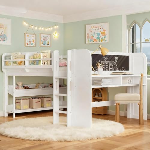 Bellemave Full Loft Bed with Storage Boxes and Bookshelves, Solid Wood Kids Loft Bed with Desk and Blackboard, Low Loft Beds Frame for Kids, Girls, Boys, Childlike Design, White Bellemave
