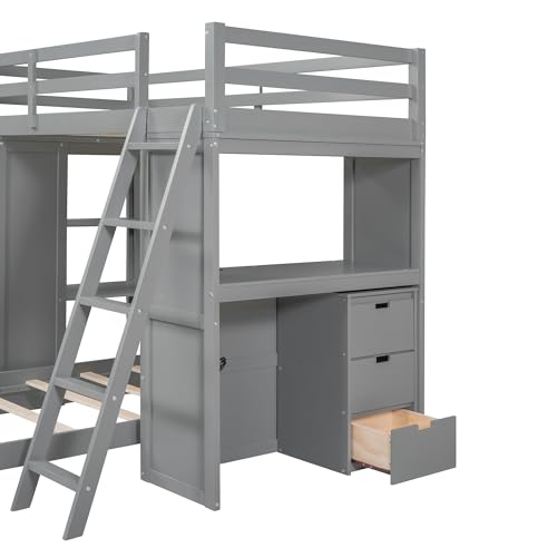 Merax Twin Multifunction Bunk Bed with Desk/Storage Drawers, Wood Bunk Bed with LED Light and USB Ports for Boys, Girls, No Box Spring Needed Gray Merax