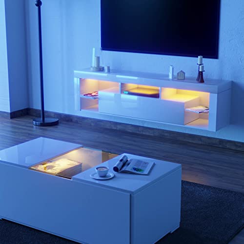 Floating TV Stand Wall Mounted - High Gloss Led Entertainment Center with Storage and Shelf, TV Stand for 65 Inch TV, Gaming Entertainment Center Console Table with Lights, White Gitua