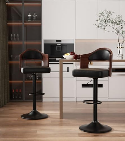Nalupatio Swivel Bar Stools Set of 2 Seat Adjustable Height 24.5-33.5IN, Wooden Barstools PU Leather Upholstered Bar Chairs with Back & Footrest for
