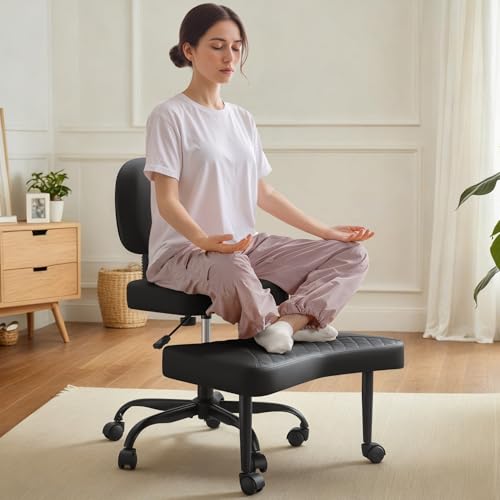 Shahoo Ergonomic Cross Legged Office Chair with Wheels - Adjustable Height Kneeling Meditation Chairs for ADHD, Yoga & Desk Work - Wide Criss Cross Seat with Lumbar Support, (Faux PU,Black) Shahoo