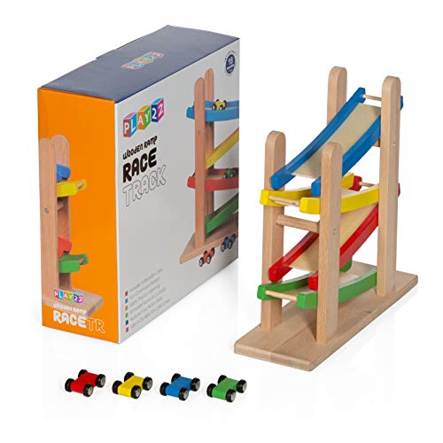 Play22 Wooden Car Ramps Race - 4 Level Toy Car Ramp Race Track Includes 4 Wooden Toy Cars - My First Baby Toys - Toddler Race Car Ramp Toy Set is A Great Gift for Boys and Girls - Original by Play22 Play22